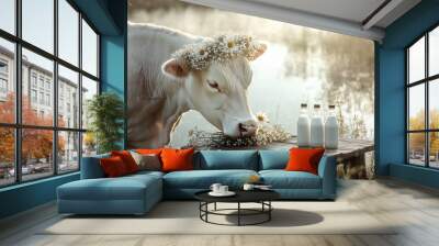 A silver-white cow decorated with a garland of wildflowers gently nibbles the grass by the lake.Next to her on a wooden table are stylish milk bottles Wall mural