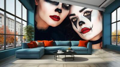 Banner two young women with sinister makeup at a Halloween party. Halloween background. Wall mural