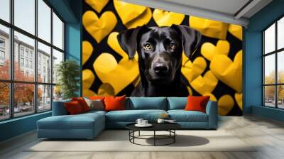 black dog among yellow paper hearts, concept of Valentine's day, gift card, pets Wall mural