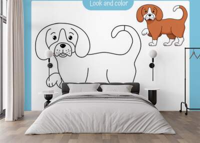 Coloring page outline of a dog with colored example. Wall mural