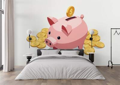 Cute pink piggy bank in cartoon style with gold coins representing savings and financial planning Wall mural