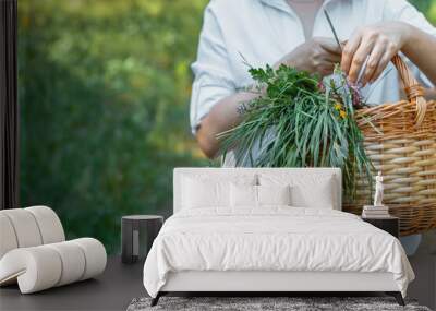 Women's hands hold a wicker basket with flowers and herbs in the forest Wall mural