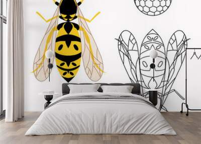 Image of wasp and beehive, top view, in two versions on white background. Hand-drawn digital illustration. Perfect for printed products, logo, banner, stationery, print on textiles, kitchen products Wall mural