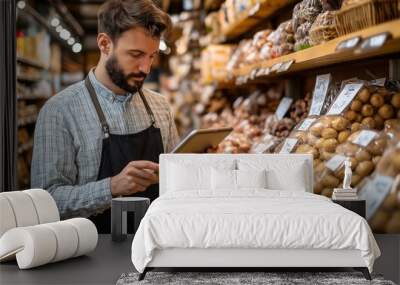 Male shop worker using a tablet while managing products on the shelves of a grocery store. Wall mural