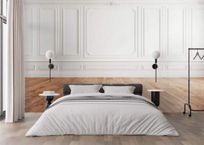 Minimalist interior - white wall with classic style moldings and wooden floor. Empty room. Wall mural