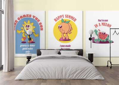 Retro groovy summer mascot characters Wall mural