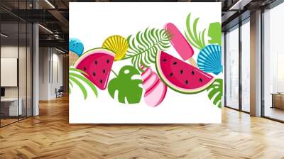 Seamless horizontal summer pattern with ice cream watermelon and monstera leaves on a white background Vector illustration in a flat style Wall mural