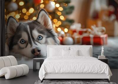 Siberian husky with striking blue eyes lying on a fluffy rug, with a Christmas tree and glowing lights in the background, creating a cozy and festive holiday atmosphere Wall mural