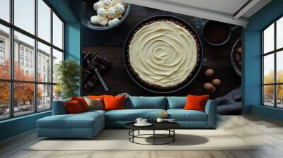 Tart with cream and ingredients arranged on a dark wooden table Wall mural