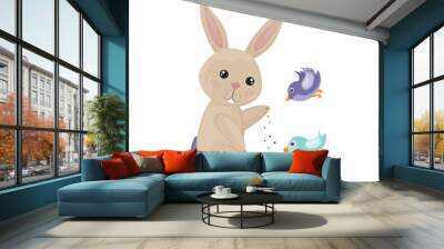 The rabbit feeds the birds. A cute rabbit feeds two birds with food. Cute children s illustration with birds and a hare. Vector illustration Wall mural