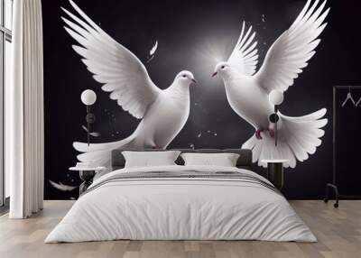 Two white doves of peace on a dark background. Realistic art. Peace antiwar symbol illustration. International Peace Day banner card design Wall mural