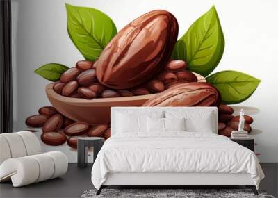 Various cocoa pods, cocoa beans and leaves isolate on a white background Wall mural