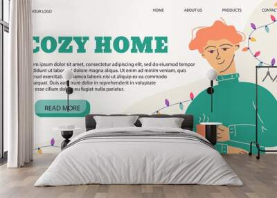 Vector illustration banner template cozy home, man with mug in a flat style. Vector illustration Wall mural