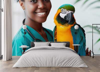 vertical veterinarian black african  woman in a white coat holds a exotic parrot in her hands on a white background with space for text. Concept: veterinary clinics, love for animals, poster, banner,  Wall mural