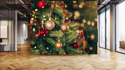 Beautiful and decorated Christmas tree in the mirror reflection. Christmas mood. Great photo for greeting cards Wall mural