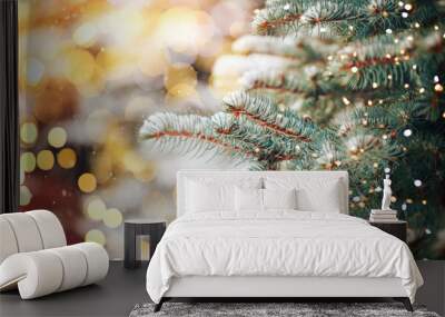 Christmas tree outdoor with snow, lights bokeh around, and snow falling, Christmas atmosphere. Wall mural