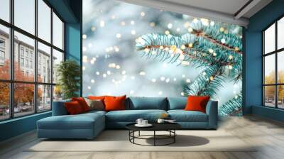 Christmas tree outdoor with snow, lights bokeh around, and snow falling, Christmas atmosphere. Wall mural