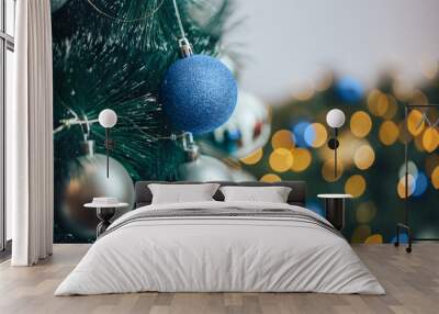 photo of blue christmas balls at spruce, Color of the year 2020 Wall mural