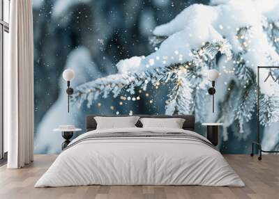 white christmas frosty tree, Merry christmas background with holiday golden bokeh. Winter day. Wall mural