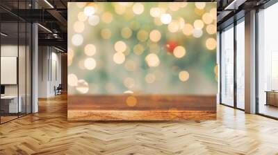 Wooden table on blurry christmas lights background Wall mural