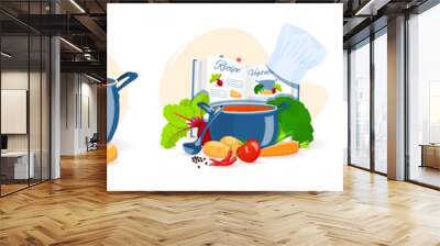 Set of cooking soup. Pan with soup, Woman, Recipe book and Vegetables. Recipes, homemade food, food preparation, learning concept. Vector illustration for flyer, poster, banner. Wall mural