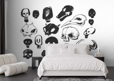 Hand drawn vector abstract artistic freehand textured ink Halloween design elements animals and human skulls collection set isolated on white background. Wall mural