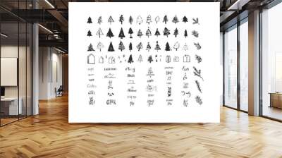 Hand drawn vector abstract cartoon Merry Christmas and Happy new year black illustrations elements set with xmas tree,lettering and pine branch.Merry Christmas cute design.Winter holiday decoration. Wall mural