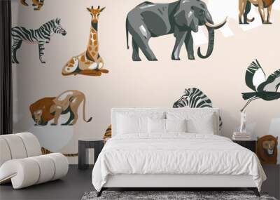 Hand drawn vector abstract cartoon modern graphic African Safari collage illustrations art seamless pattern with safari animals isolated on pastel color background Wall mural