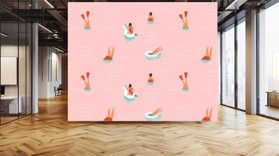 Hand drawn vector abstract cartoon summer time fun illustration seamless pattern with swimming people isolated on pink background Wall mural