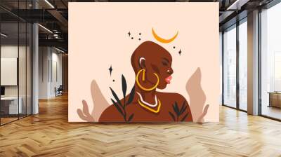 Hand drawn vector abstract flat graphic illustration with ethnic tribal black beautiful bohemian african american woman portrat,flower and magic crescent in simple style,isolated on pastel background Wall mural