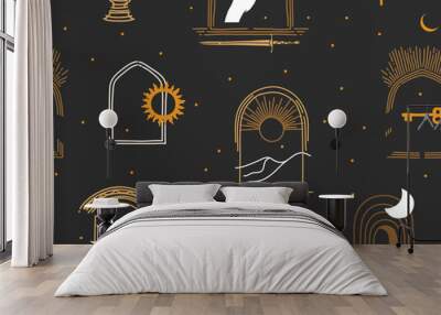 Hand drawn vector abstract flat stock graphic icon illustrations seamless pattern with celestial moon phases,sun and stars in arch mystic and simple collage shapes isolated on black background Wall mural