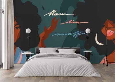 Hand drawn vector abstract flat stock graphic illustration with young black afro american beauty women,and Black lives matter handwritten lettering concept isolated on color collage shape background. Wall mural