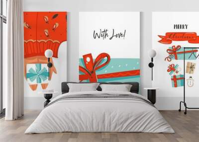 Hand drawn vector abstract fun Merry Christmas time cartoon cards collection set with cute illustration of dog in surprise gift box and red ribbon with modern calligraphy isolated on white background Wall mural