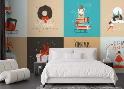 Hand drawn vector abstract fun Merry Christmas time cartoon cards collection set with cute illustrations,surprise gift boxes,dogs and handwritten modern calligraphy text isolated on white background. Wall mural