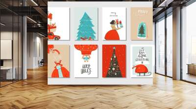 Hand drawn vector abstract fun Merry Christmas time cartoon cards collection set with cute illustrations,surprise gift boxes ,Christmas tree and modern calligraphy isolated on white background Wall mural