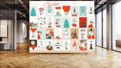 Hand drawn vector abstract fun Merry Christmas time cartoon illustrations greeting cards template and backgrounds big collection set with gift boxes,people and Xmas tree isolated on white background Wall mural