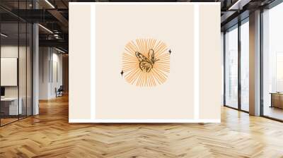 Hand drawn vector abstract graphic illustrations celestial design concept with logo magic line silhouette set of mystic flying butterfly,moth,sun and moon phase isolated. Magic drawing butterfly icon. Wall mural