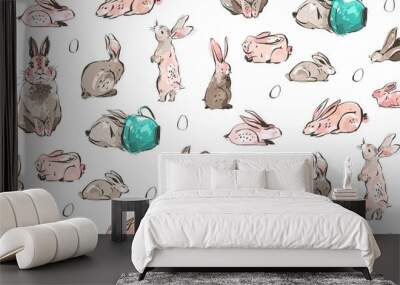 Hand drawn vector abstract sketch graphic scandinavian freehand textured modern collage Happy Easter cute simple bunny illustrations seamless pattern and Easter eggs isolated on white background Wall mural