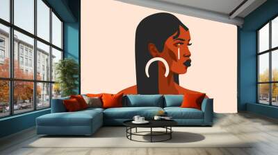 Hand drawn vector abstract stock flat graphic illustration with ethnic tribal black beautiful african american woman and golden full moonin simple style ,isolated on white background Wall mural