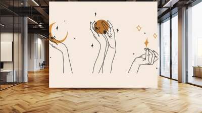 Hand drawn vector abstract stock flat graphic illustration with logo element,bohemian magic line art of woman hand,crescent,star and moon phase in simple style for branding,feminine astrology concept. Wall mural