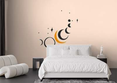 Hand drawn vector abstract stock flat graphic illustration with logo elements,woman fashion magic line art hands touch moon phases and stars in simple style for branding,isolated on color background Wall mural