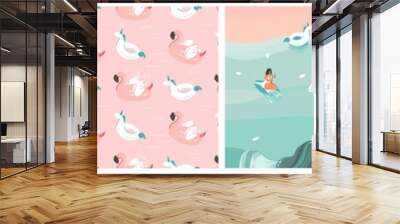 Hand drawn vector abstract stock graphic summer time cartoon,contemporary illustrations prints collection set with beach surfer group character,flamingo floats and seamless pattern on color background Wall mural