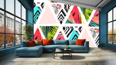 Hand drawn vector abstract unusual summer time decoration collage seamless pattern with watermelon,aztec and tropical palm leaves motif isolated on white background Wall mural