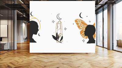 Vector graphic outline logo collection set with crystals,butterfly,moon,stars and beautiful woman silhouettes .Astrology mystic minimal concept for branding.Bohemian,feminine magic mystic line art. Wall mural