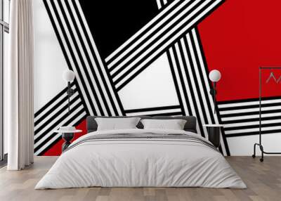 Abstract illustration with geometric shapes and black and white stripes decoration in red, black and white colors Wall mural