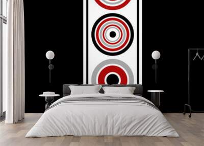 Abstract retro style illustration with black, white, red and grey design circles decoration on black background Wall mural