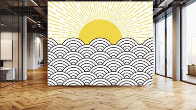 Abstract sunset illustration with black  and white Seigaiha waves and yellow sun decoration on white background Wall mural