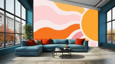 Abstract wavy sun retro style illustration with colorful (orange, pink) sun rays on pastel pink background for summer lovers Wall mural