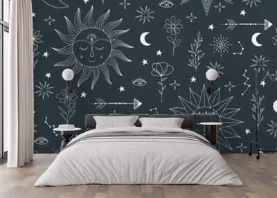 Seamless pattern with stars, comets, suns, moon, constellation, Children wallpaper background.  Wall mural