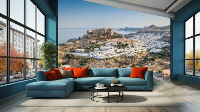 Aerial View of historic Village Lindos on Rhodes Greece Island Wall mural